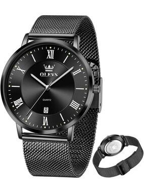 Men's All Black Analog Quartz Mesh Strap Luxury Luminous Waterproof Round Watch